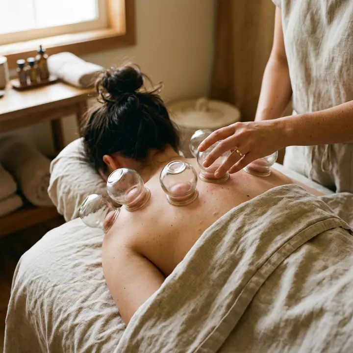 Glass cupping therapy cups placed along a client's upper back