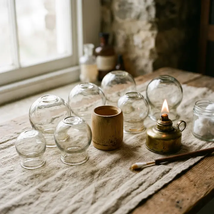 Sanitized glass cupping set laid out before a Spring House session