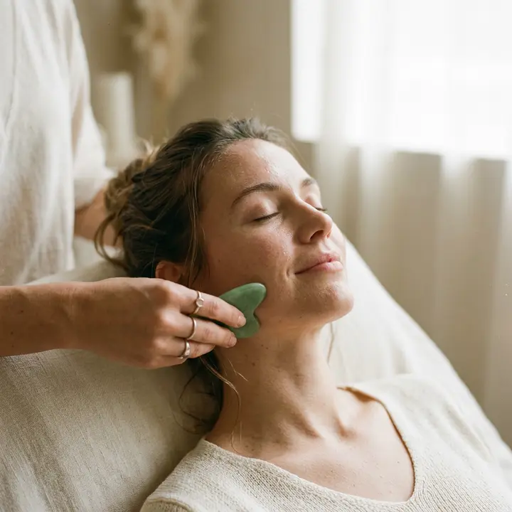 Jade gua sha stone drawn along the jawline during a facial treatment