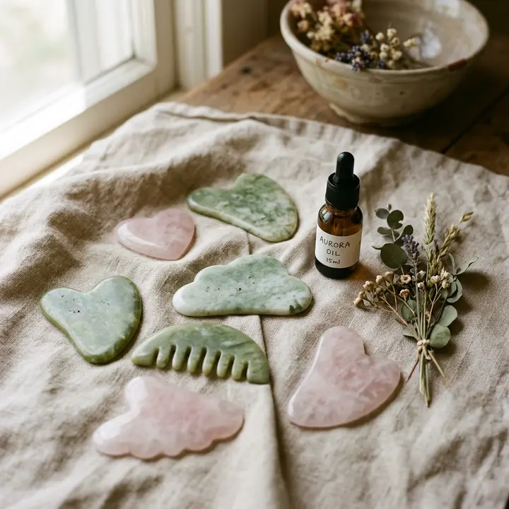 Gua sha stones and bian stone tools laid out on a stone tray