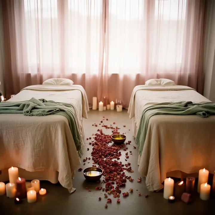 Side-by-side couples massage tables in a private candlelit spa room
