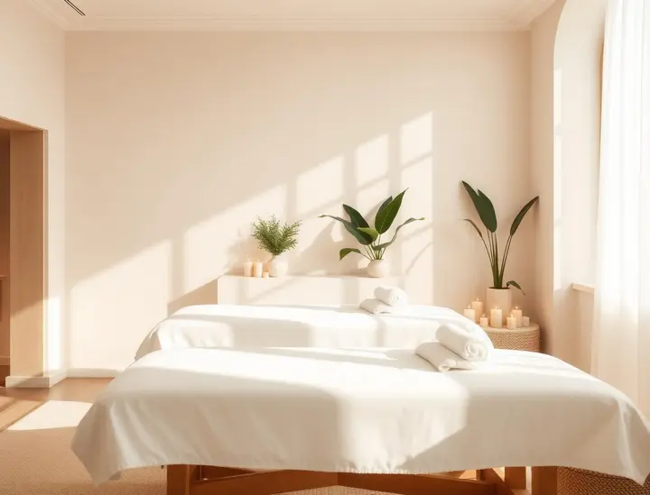 Empty sunlit treatment room with the table made up and candles lit