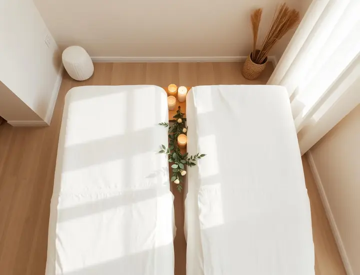 Candlelit couples treatment room set for two