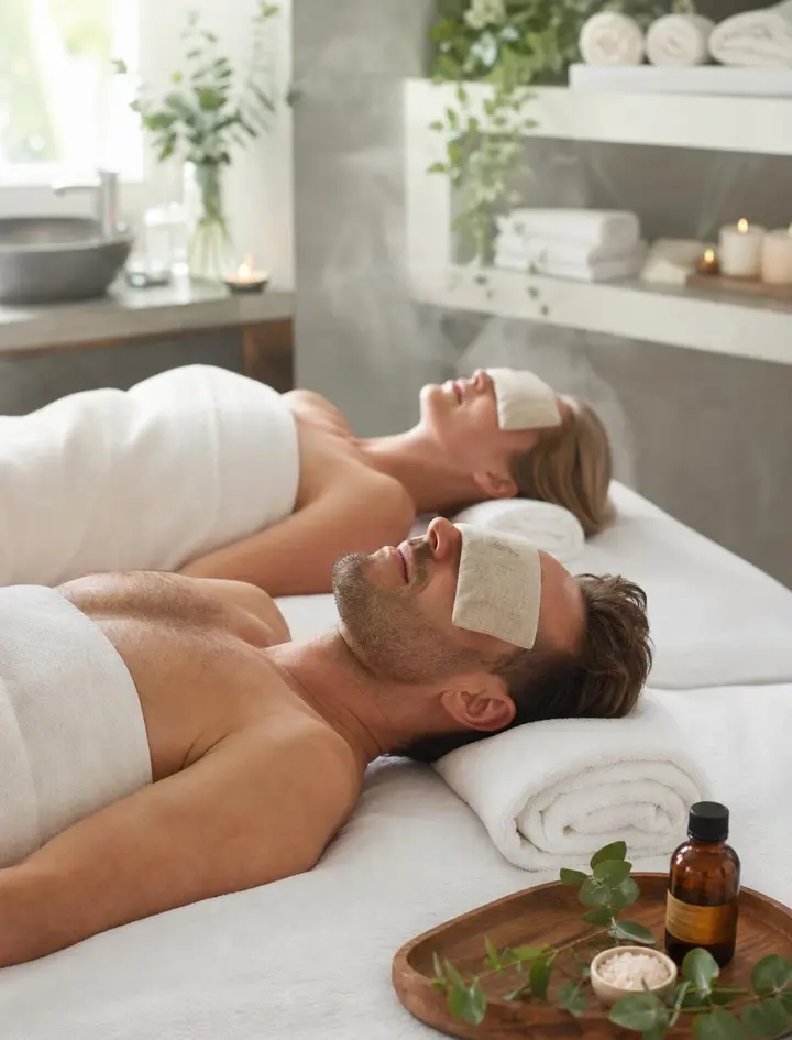 Couple lying side by side with warm eye compresses in a steam-filled relaxation room