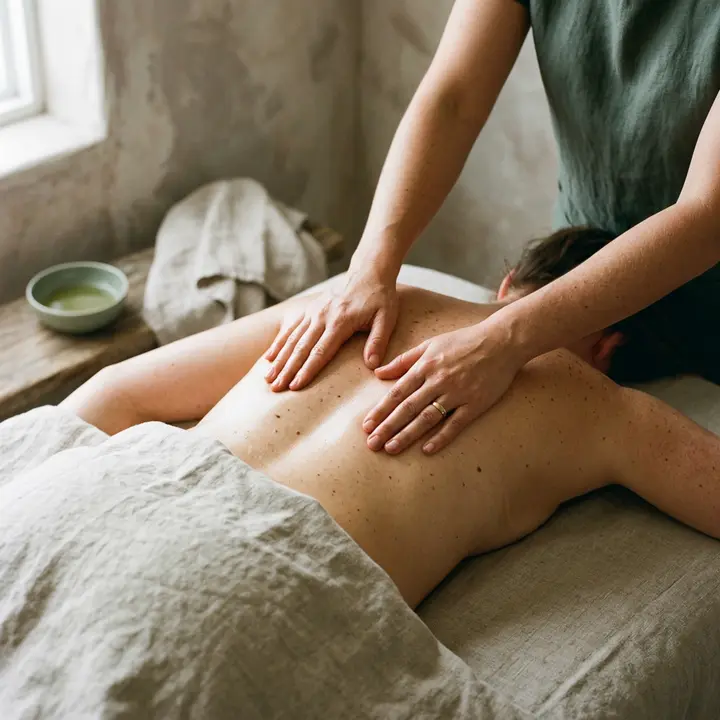 Deep tissue massage applied along a client's back