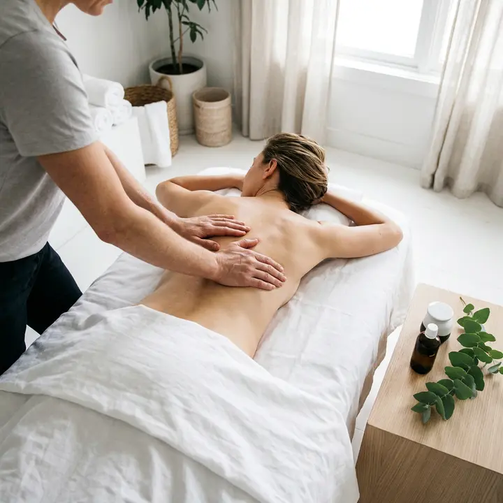 Daylight recovery massage session in a quiet treatment room