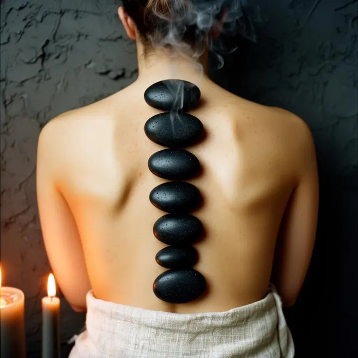 Heated basalt stones placed along the back during a hot stone massage