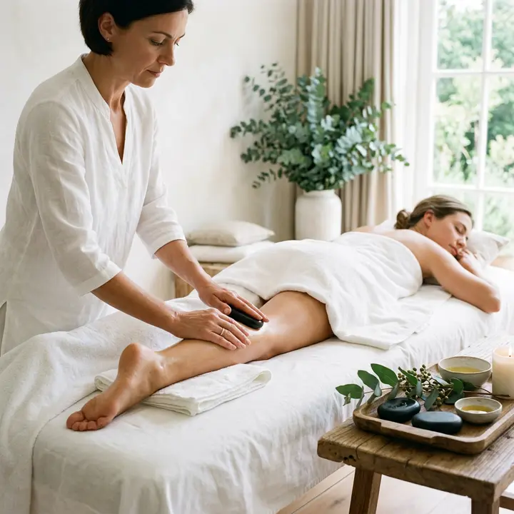 Therapist placing warm basalt stones along a client's spine