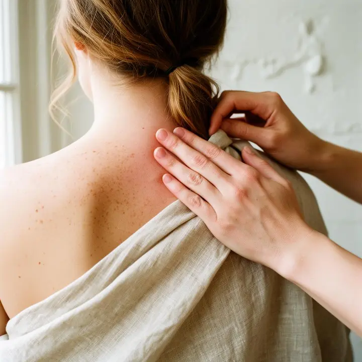 Close work on a guest's neck and shoulder during a massage session