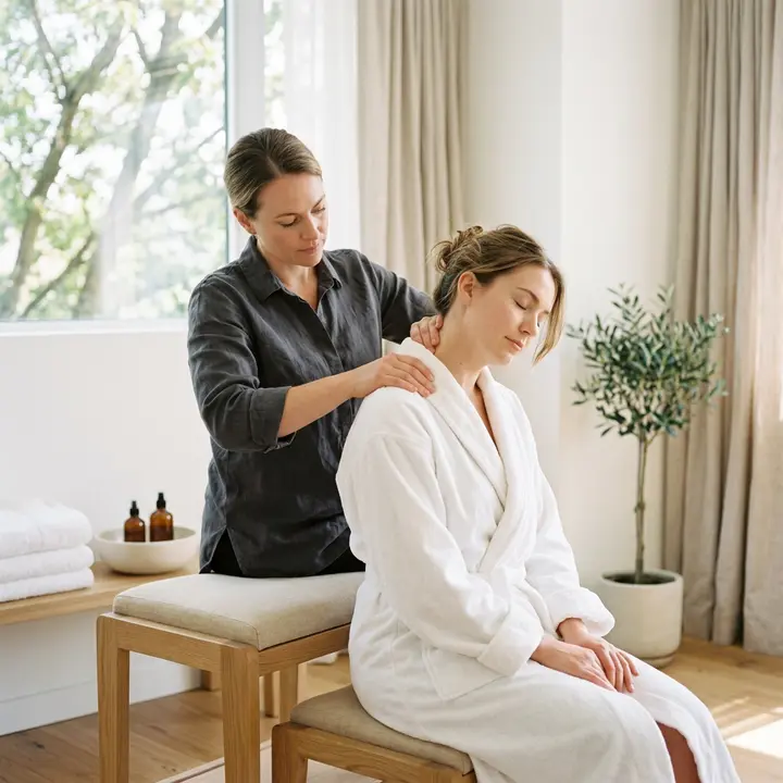 Seated neck and shoulder massage in progress
