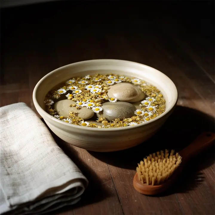 Herbal chamomile foot soak before a reflexology treatment