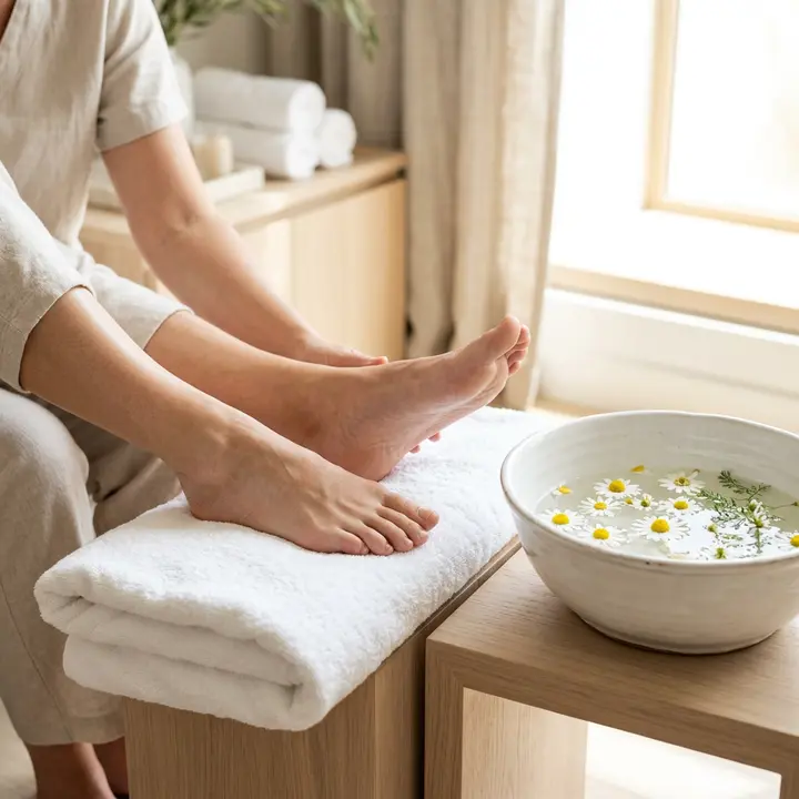 Therapist massaging a client's foot beside a bowl of warm water with chamomile