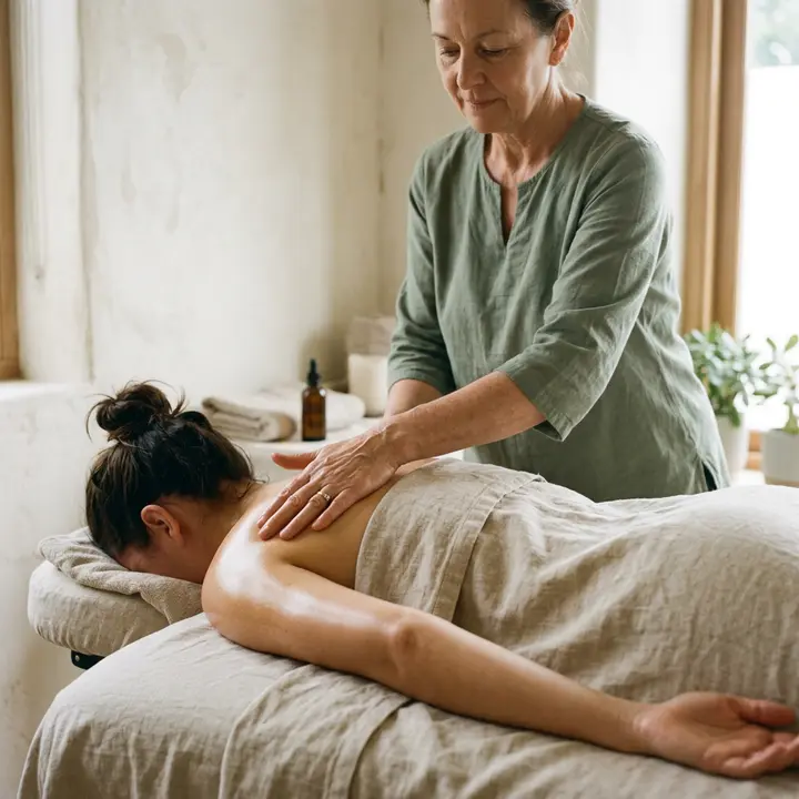 Therapist working along a guest's back with slow gliding strokes in a dim treatment room