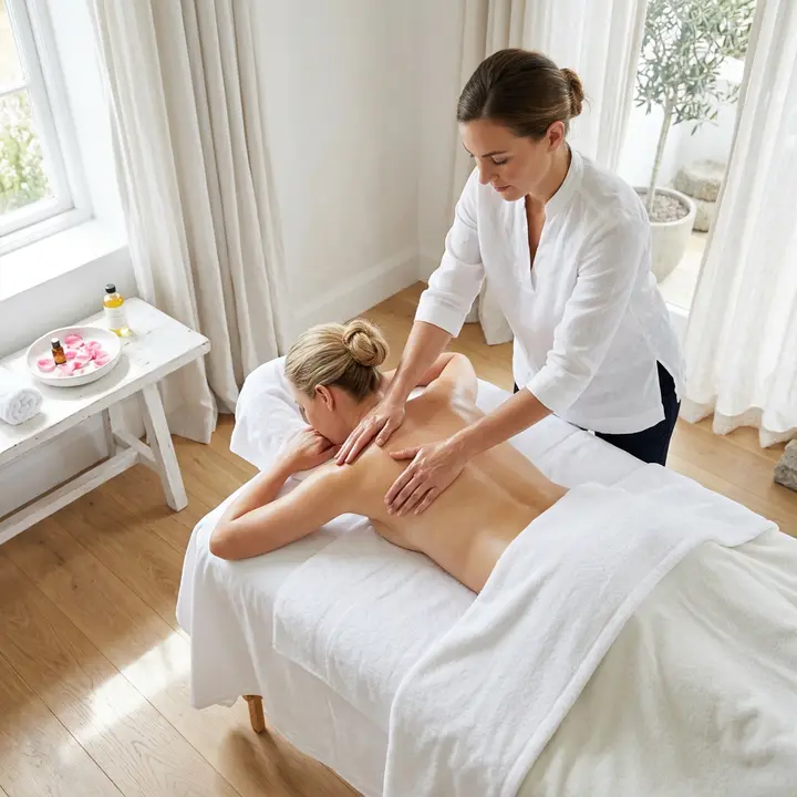 Therapist gliding both hands along a client's back in a bright treatment room