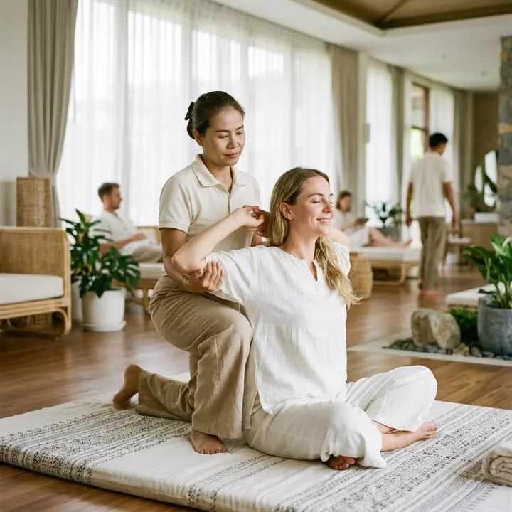 Therapist stretching a seated client's arm and shoulder on a mat during Thai massage