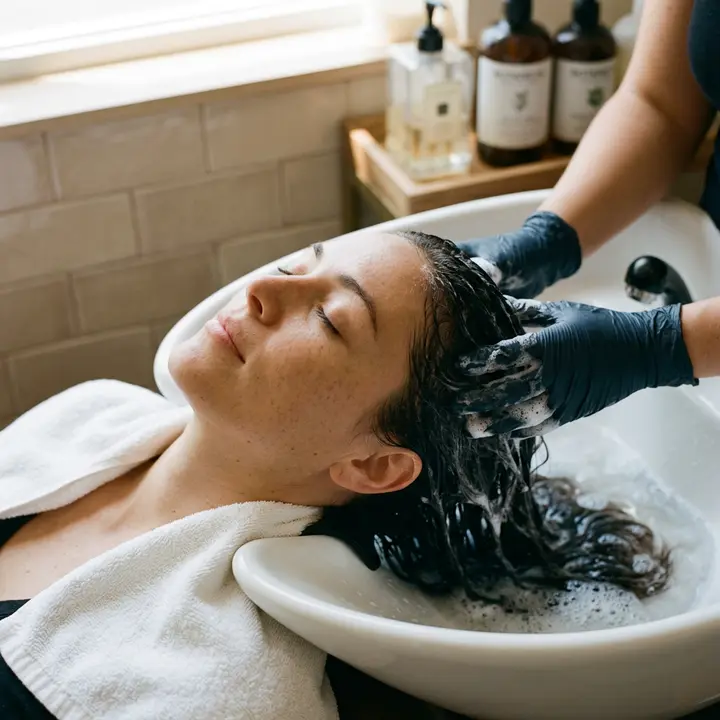Head spa basin lather during a scalp treatment