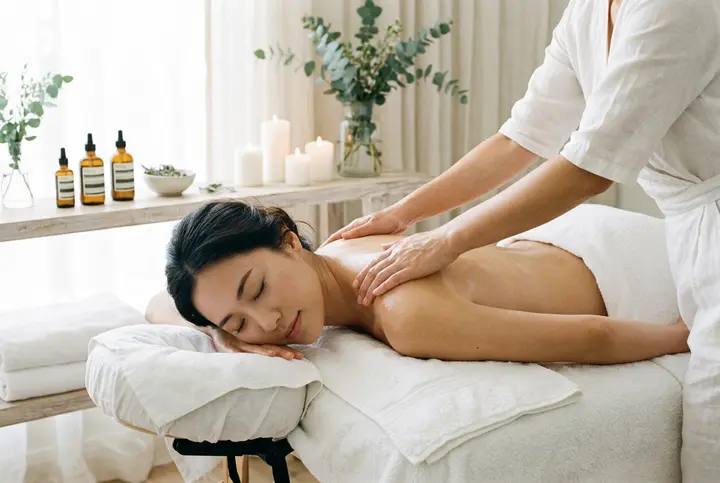 Massage therapist working in a bright spa treatment room