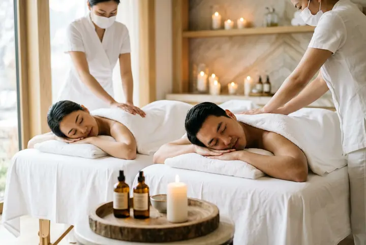 Couples spa suite prepared in daylight